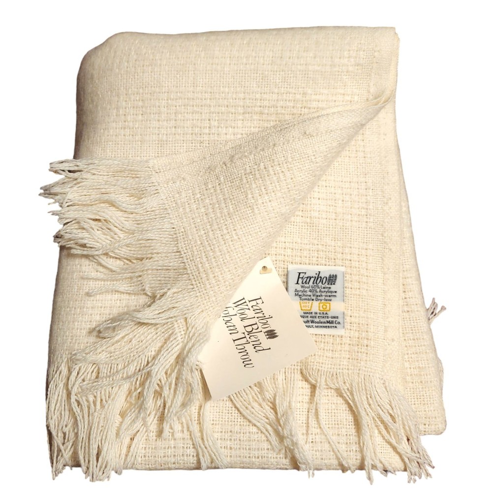 Faribo Afghan Throw Cream Wool Blend Fringe 50" x 60" Made in USA